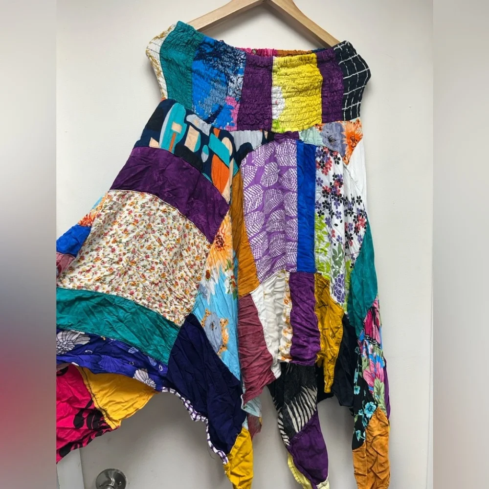 Unique Boho Patchwork Handkerchief Skirt Colorful Hippie Tie Waist - Picture 8 of 8